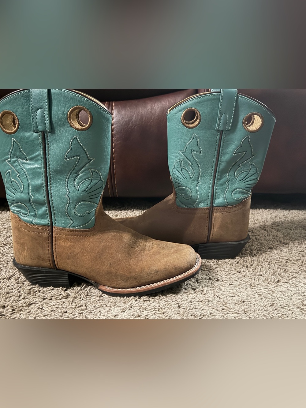 Youth Two-Tone Brown and Teal Pull-On Western Boots